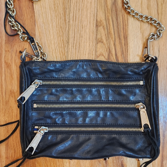 Rebecca Minkoff Moto 3 Zip Leather Chain Crossbody Handbag Plum 9”W x 6”H - Picture 4 of 11